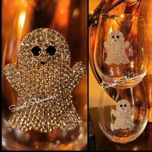 2pc Halloween GHOST Silver Crystal Rhinestone Stemless Wine Glass Set New - Picture 2 of 8